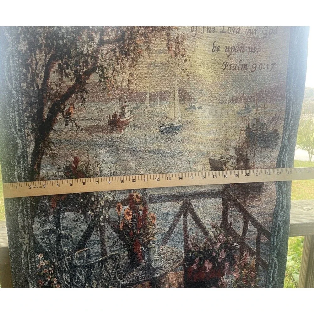 Hanging Wall Tapestry With Scroll Psalms 90:17 Sea Ships Blue Large
